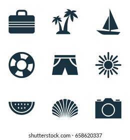 Sun Icons Set. Collection Of Ship, Video, Melon And Other Elements. Also Includes Symbols Such As Sea, Baggage, Dinghy.