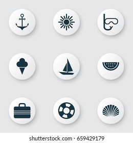 Sun Icons Set. Collection Of Ship, Tube, Armature And Other Elements. Also Includes Symbols Such As Tube, Mask, Ship.