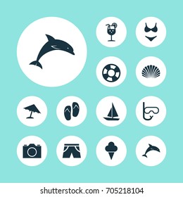 Sun Icons Set. Collection Of Ship, Goggles, Lemonade And Other Elements. Also Includes Symbols Such As Flip, Photo, Sea.