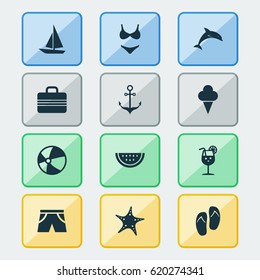 Sun Icons Set. Collection Of Smelting, Star, Bikini And Other Elements. Also Includes Symbols Such As Vitamin, Bead, Cream.