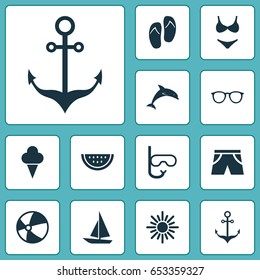 Sun Icons Set. Collection Of Sorbet, Spectacles, Smelting And Other Elements. Also Includes Symbols Such As Sunglasses, Citrus, Mask.