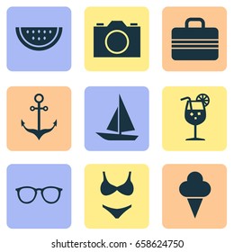 Sun Icons Set. Collection Of Sorbet, Baggage, Melon And Other Elements. Also Includes Symbols Such As Bikini, Swimming, Juice.