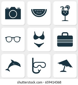 Sun Icons Set. Collection Of Spectacles, Parasol, Melon And Other Elements. Also Includes Symbols Such As Mammal, Video, Mask.