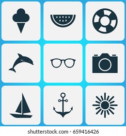 Sun Icons Set. Collection Of Spectacles, Melon, Video And Other Elements. Also Includes Symbols Such As Mammal, Boat, Ship.