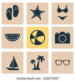 Sun Icons Set. Collection Of Star, Trees, Ship And Other Elements. Also Includes Symbols Such As Swimming, Sunglasses, Camera.