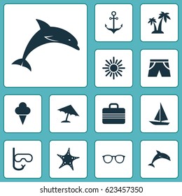 Sun Icons Set. Collection Of Star, Baggage, Mammal And Other Elements. Also Includes Symbols Such As Swimming, Sunglasses, Trees.