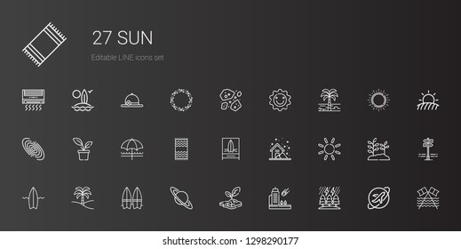 sun icons set. Collection of sun with storm, meteorite, drought, saturn, surfboard, palm tree, beach, beach towel, sun umbrella, plant, galaxy. Editable and scalable icons.