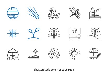sun icons set. Collection of sun with sunbed, eclipse, solar system, field, picnic, palm tree, beach, plant, big bang, meteorite, space station. Editable and scalable sun icons.