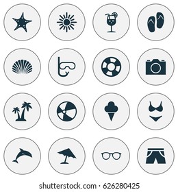 Sun Icons Set. Collection Of Sunny, Tube, Forceps And Other Elements. Also Includes Symbols Such As Video, Starfish, Beach.