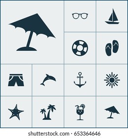 Sun Icons Set. Collection Of Sunny, Armature, Beach Sandals Elements. Also Includes Symbols Such As Juice, Boat, Sandals.