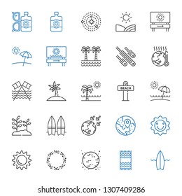 sun icons set. Collection of sun with surfboard, beach towel, moon, asteroid, travel, global warming, plant, beach, palm tree, meteorites, field. Editable and scalable sun icons.