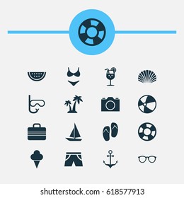 Sun Icons Set. Collection Of Sweets, Baggage, Goggles And Other Elements. Also Includes Symbols Such As Sunglasses, Palms, Bikini.