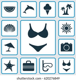 Sun Icons Set. Collection Of Sweets, Baggage, Mammal And Other Elements. Also Includes Symbols Such As Camera, Palms, Umbrella.