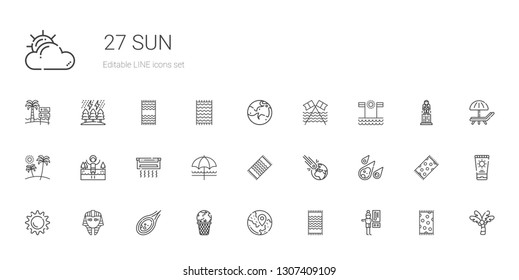 sun icons set. Collection of sun with thermostat, beach towel, travel, global warming, meteorite, egyptian, asteroid, sun umbrella, air conditioner. Editable and scalable icons.