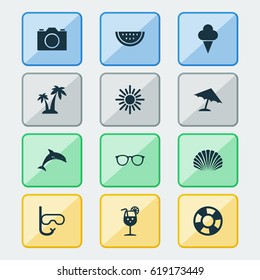 Sun Icons Set. Collection Of Trees, Vitamin, Sunny And Other Elements. Also Includes Symbols Such As Camera, Tube, Trees.