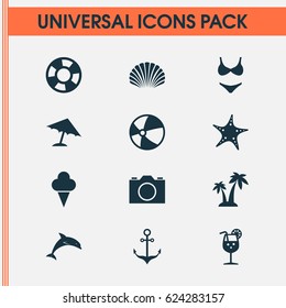 Sun Icons Set. Collection Of Trees, Bikini, Star And Other Elements. Also Includes Symbols Such As Swimming, Star, Starfish.