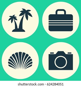 Sun Icons Set. Collection Of Trees, Baggage, Video And Other Elements. Also Includes Symbols Such As Camera, Sea, Baggage.