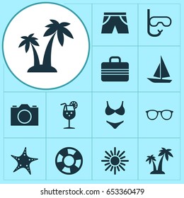 Sun Icons Set. Collection Of Trees, Smelting, Sea Star And Other Elements. Also Includes Symbols Such As Cocos, Photo, Palms.