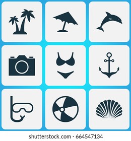 Sun Icons Set. Collection Of Trees, Balloon, Video And Other Elements. Also Includes Symbols Such As Video, Suit, Palms.