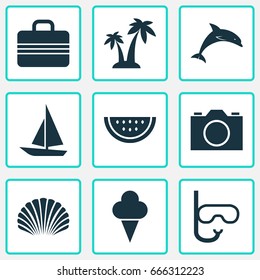 Sun Icons Set. Collection Of Trees, Ship, Tube And Other Elements. Also Includes Symbols Such As Shell, Melon, Fish.