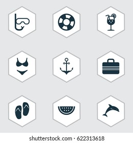 Sun Icons Set. Collection Of Tube, Baggage, Bikini And Other Elements. Also Includes Symbols Such As Ship, Armature, Tongs.