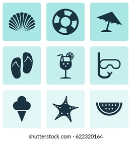 Sun Icons Set. Collection Of Tube, Star, Conch And Other Elements. Also Includes Symbols Such As Conch, Vitamin, Dinghy.