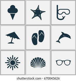 Sun Icons Set. Collection Of Tube, Mammal, Sunny And Other Elements. Also Includes Symbols Such As Mammal, Tongs, Parasol.