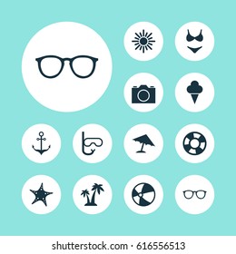 Sun Icons Set. Collection Of Video, Bead, Armature And Other Elements. Also Includes Symbols Such As Sweets, Ship, Swimming.