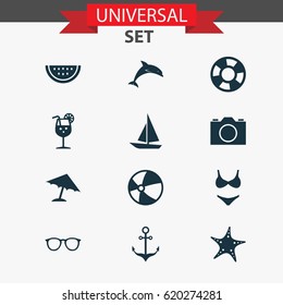 Sun Icons Set. Collection Of Video, Melon, Bead And Other Elements. Also Includes Symbols Such As Starfish, Beach, Boat.