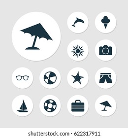 Sun Icons Set. Collection Of Video, Baggage, Bead And Other Elements. Also Includes Symbols Such As Ice, Ship, Starfish.