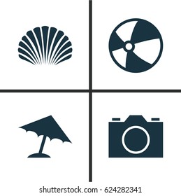Sun Icons Set. Collection Of Video, Parasol, Bead And Other Elements. Also Includes Symbols Such As Bead, Sea, Parasol.