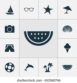 Sun Icons Set. Collection Of Video, Ship, Conch And Other Elements. Also Includes Symbols Such As Sunshades, Camera, Spectacles.