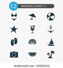 Sun Icons Set. Collection Of Video, Conch, Beach Sandals Elements. Also Includes Symbols Such As Umbrella, Sandals, Watermelon.