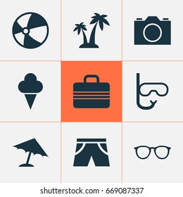 Sun Icons Set. Collection Of Video, Spectacles, Balloon And Other Elements. Also Includes Symbols Such As Palms, Cocos, Ball.
