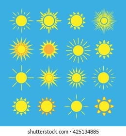 Sun icons set. Collection yellow signs with sunbeam. Design elements, isolated on blue background. Symbol of sunrise, heat, sunny and sunset, morning, sunlight. Flat style. Vector Illustration.