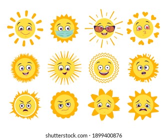 Sun icons set with different emotions, medical mask and goggles isolated on white background. Symbol spring and summer . Vector cartoon flat illustration.