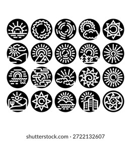 Conjunto de iconos solares con diversos diseños que representan las condiciones del Clima, paisajes naturales y símbolos solares abstractos, útiles para pronósticos, App y Diseño web
