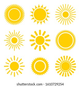 sun icons set. Flat shining symbols collection. Daylight logos