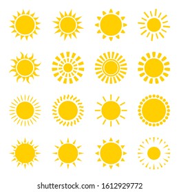 sun icons set. Flat shining symbols collection. Daylight logos