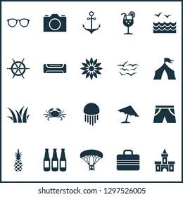 Sun icons set with flower, camera, sea and other marine elements. Isolated vector illustration sun icons.