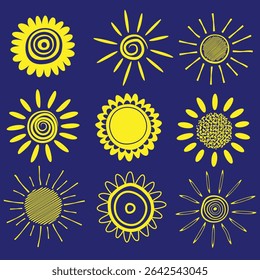 Sun Icons Set Hand-Drawn Yellow Collection
A vibrant set of 9 hand-drawn yellow sun icons on a deep blue background. Each sun features a unique, playful design with spirals, rays, and textures