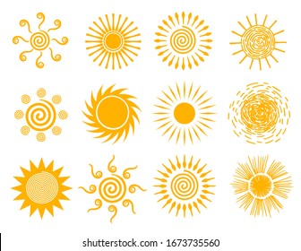 Sun icons. Sun set. Hot weather suns collection vector illustration, summer scribbled, sun doodles, hand drawn sunshine objects. 
