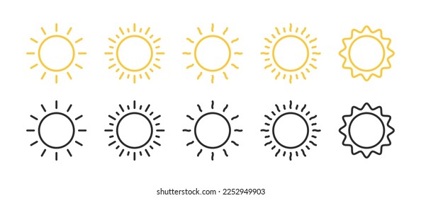 Sun icons set. Linear sun icons. Sun stars. Sunlight signs. Vector illustration