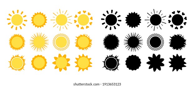 Sun icons set with rays of different shapes and black silhouette isolated on white background. Yellow symbol of spring, summer and weather. Vector flat illustration.