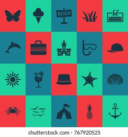 Sun icons set with sea star, sunny, armature and other camp elements. Isolated vector illustration sun icons.