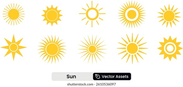 Sun Icons set showcasing light, warmth, energy, and natural brightness symbols. A solid vector illustration collection ideal for weather apps, outdoor activities, and environmental designs.