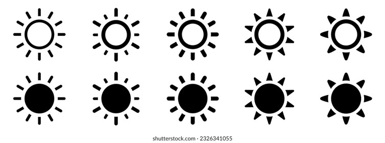 Conjunto de iconos de Sun. Colección de símbolos negros simple de sol. Sunshine, ondas de luz solar, resplandor solar, rayos solares y rayos solares - vector stock.