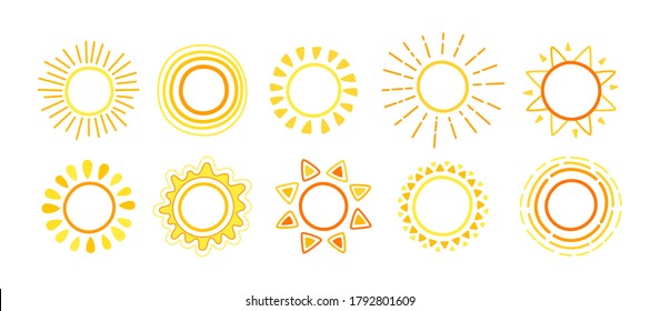 Sun icons set. Simple design elements for kids. Hand drawn suns collection. Isolated vector illustration