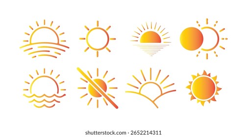Sun icons set. solar isolated icon, sunshine, sunset collection, summer. Victor illustration eps10