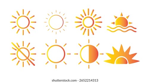 Sun icons set. solar isolated icon, sunshine, sunset collection, summer. Victor illustration eps10